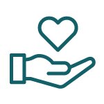 Heart over open hand icon representing care.