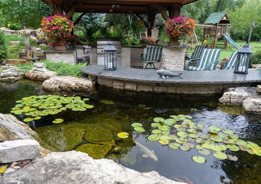 Backyard patio with pond and water lilies.