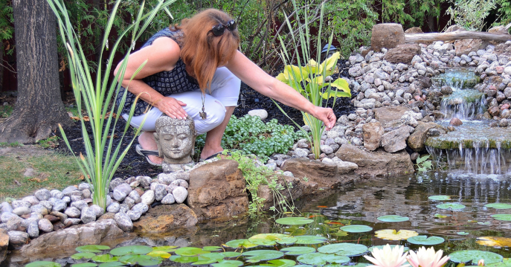 Woman kneels by pond to feed goldfish