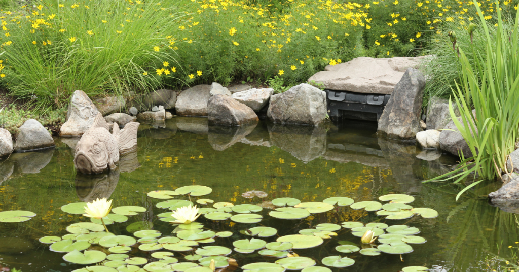pond surrounded by flowers with lily pads and a fish sculpture