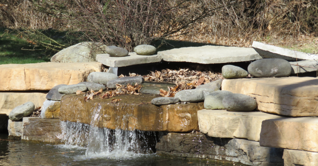 water flows over rocks and brown leaves