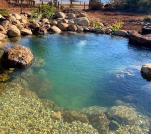 Natural stone pond with clear water and pebbles.