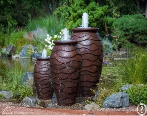 Decorative garden fountains with flowing water.